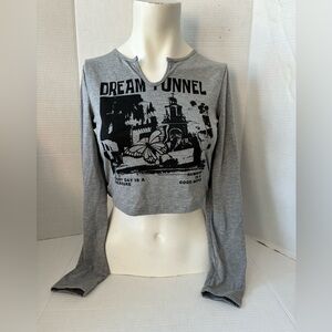 NEW SHEIN Women’s Dream Tunnel Graphic Long Sleeve Gray Tee-Size Small
